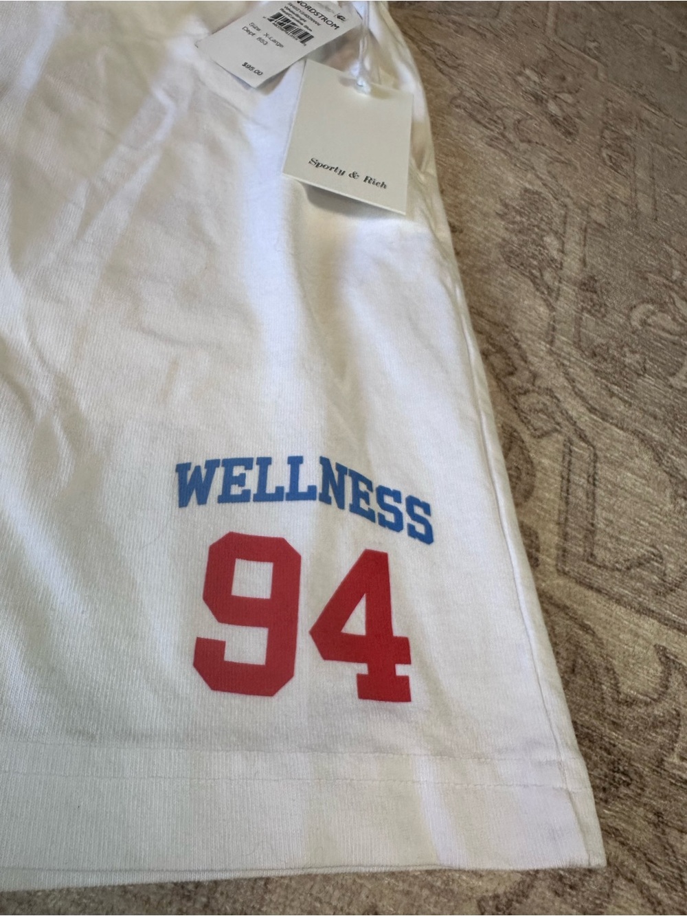 Sporty & Rich White Wellness 94' Athletic Shorts with Red & Blue Logo Unisex - Picture 5 of 7
